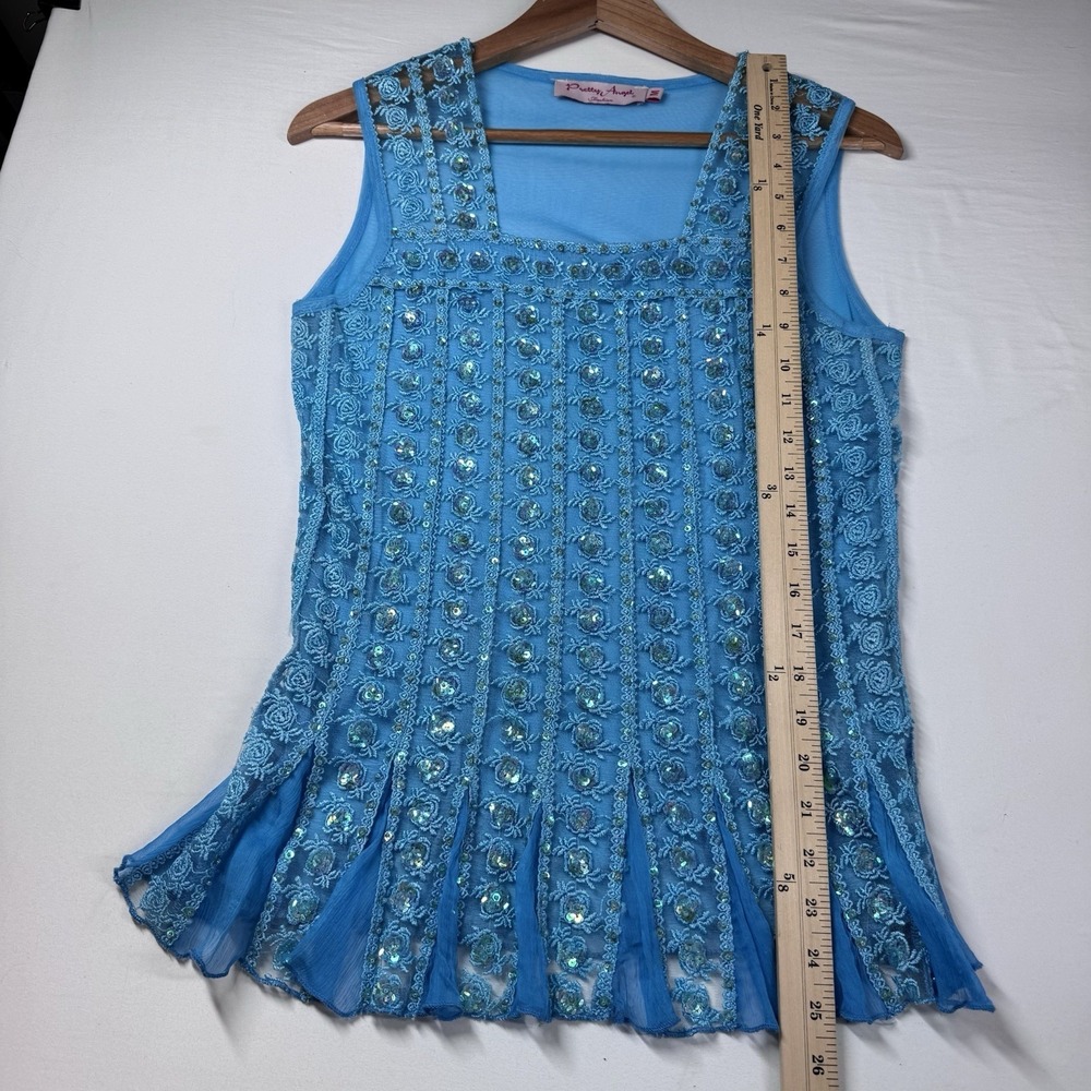 Pretty Angel Tank Top Sz M Silk Mesh Y2K Sheer Sequined Fairy Feminine Bling - Picture 8 of 12